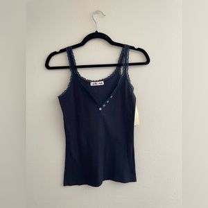 Navy Blue Camisole with Lace Trim and Mother of Pearl Shell Buttons Long NWT